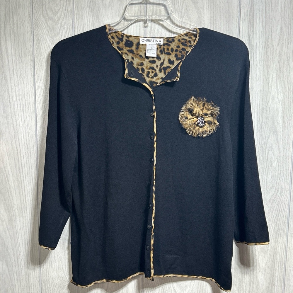 Christina Woman Black Cardigan With Cheetah Trim 3/4 Sleeves Size 1X